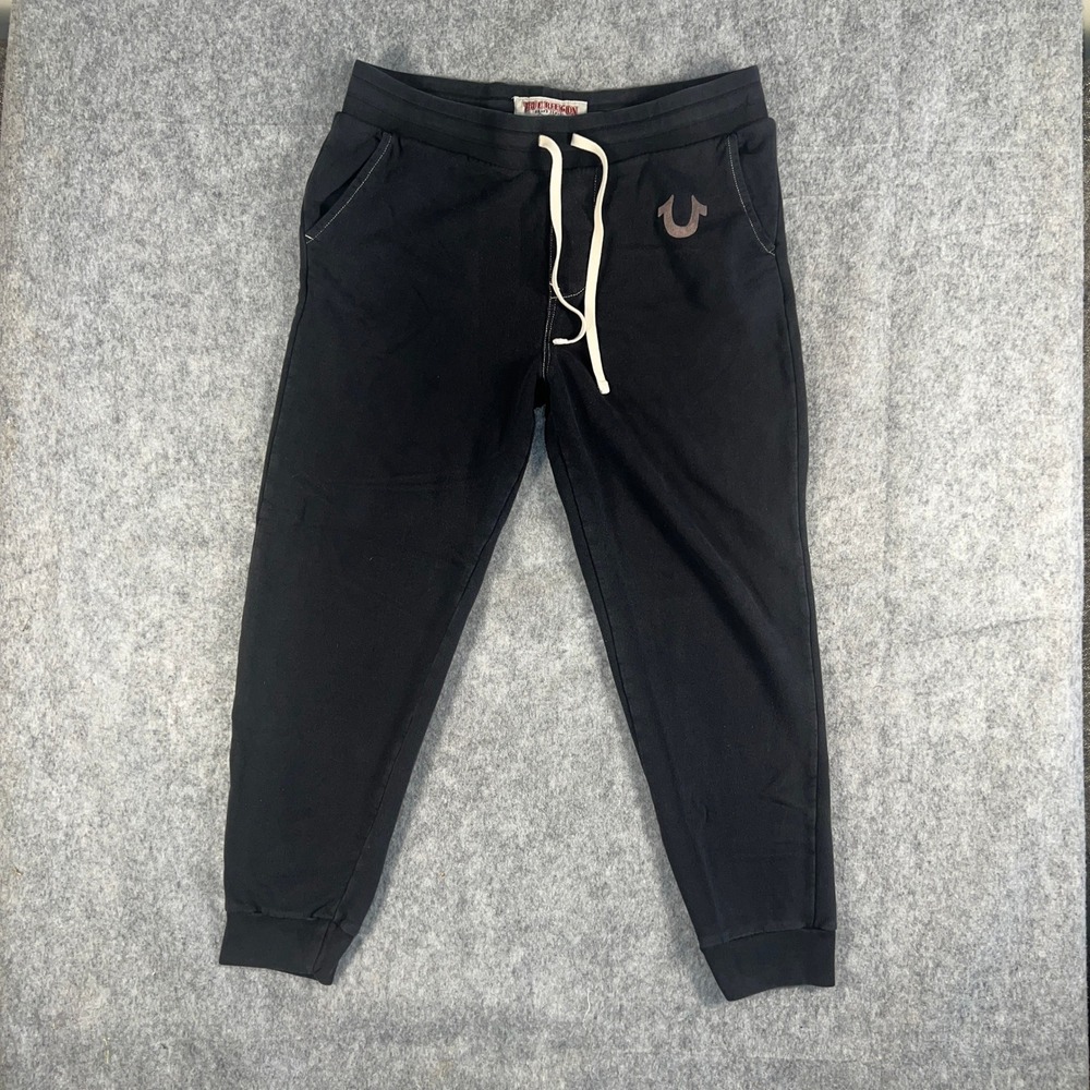 True Religion Men's Black Horseshoe Logo Jogger Sweatpants XL Drawstring Cotton